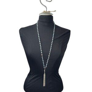 Long Silver & Blue Beaded Necklace With Chain Tassel Pendant